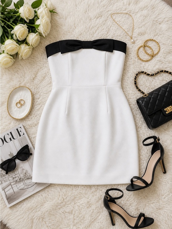 Lucy Paris Dresses & Skirts - Lucy Paris White Strapless Mini Dress w/ Black Bow NWT Size M Bachelorette Party